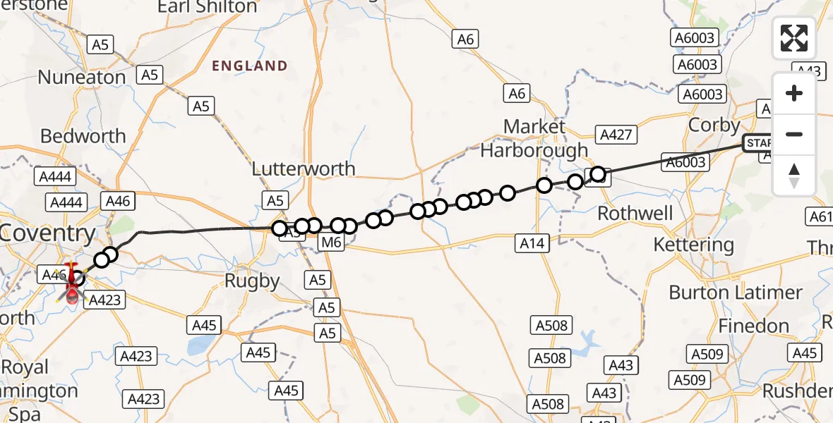 Flight route Air Ambulance Helicopter Stanion - Coventry Airport, 12 September 2026, 17:15