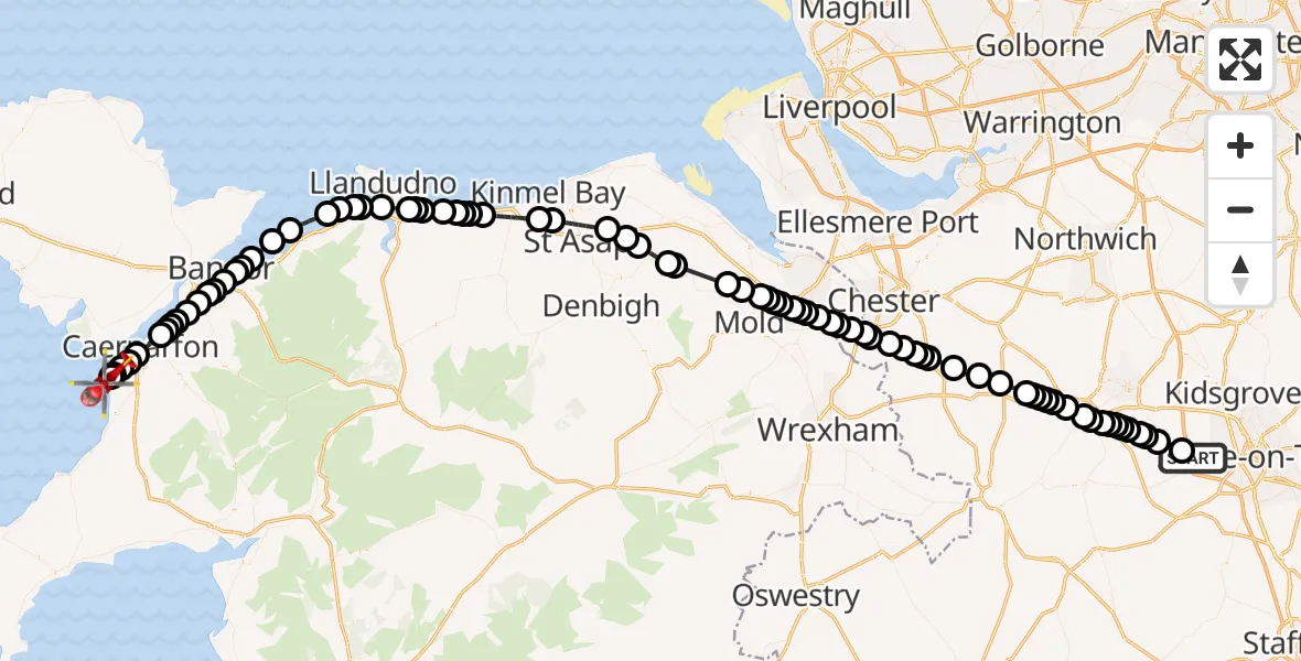 Flight route Air Ambulance Helicopter Newcastle-under-Lyme - Caernarfon Airport, 12 September 2026, 17:19