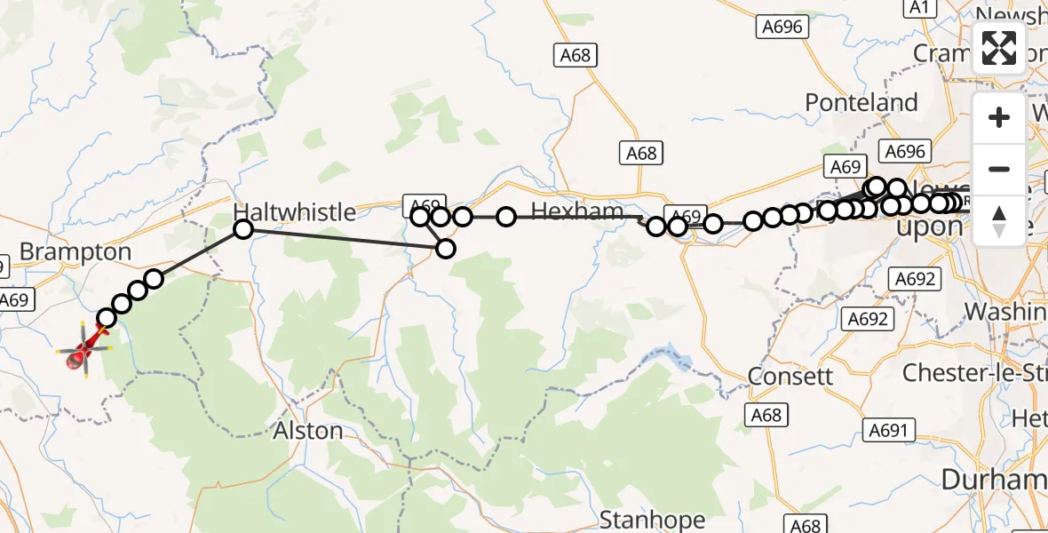 Flight route Air Ambulance Helicopter Newcastle Royal Victoria Infirmary - Castle Carrock, 12 September 2026, 17:19
