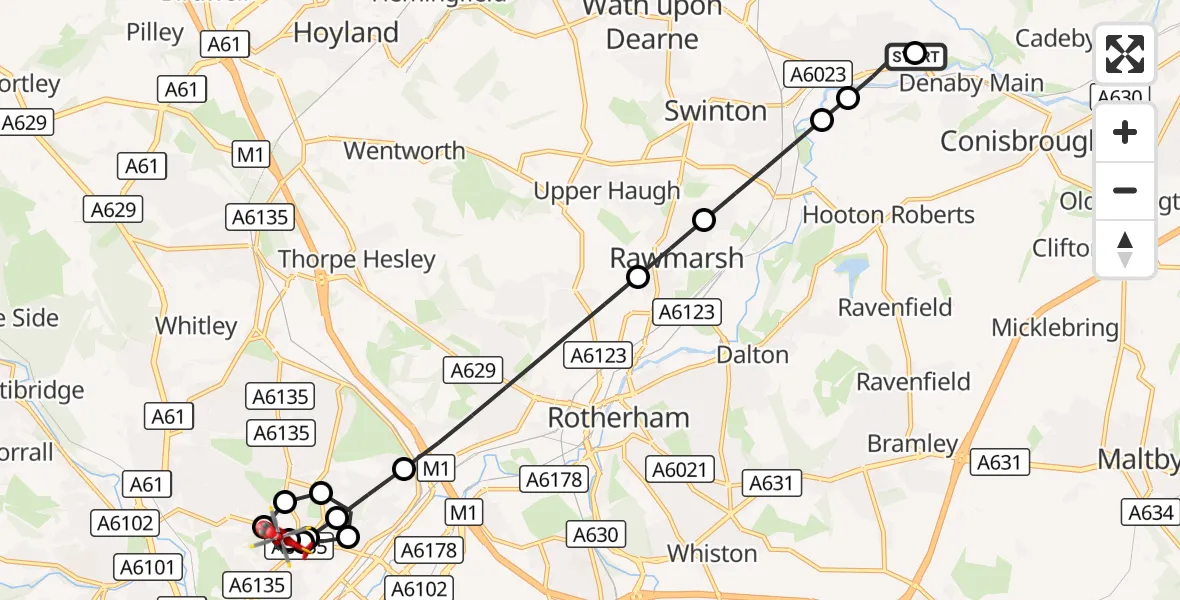 Flight route Air Ambulance Helicopter Old Denaby - Sheffield Northern Hospital, 12 September 2026, 17:22