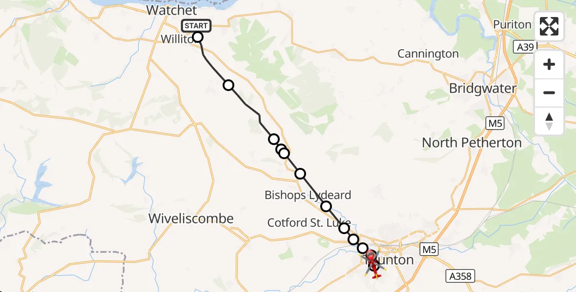 Flight route Air Ambulance Helicopter West Quantoxhead - Musgrove Hospital, 12 September 2026, 17:30