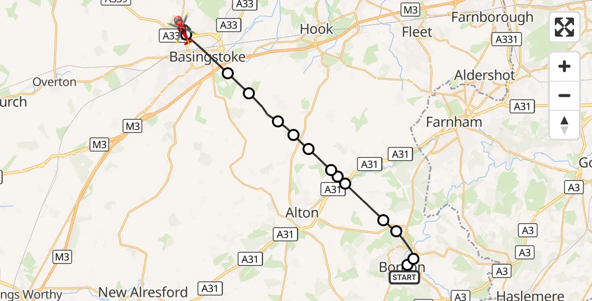 Flight route Air Ambulance Helicopter Hollywater - Basingstoke, 12 September 2026, 17:42