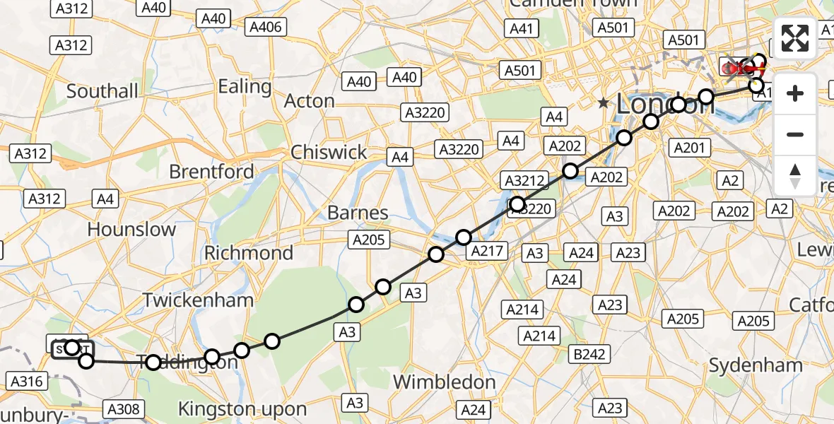Flight route Air Ambulance Helicopter Hanworth - Royal London Hospital, 12 September 2026, 17:44
