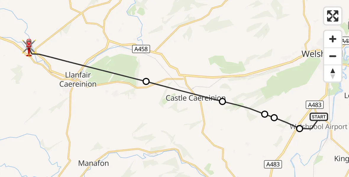 Flight route Air Ambulance Helicopter Welshpool Airport - Llanfair Caereinion, 12 September 2026, 17:55