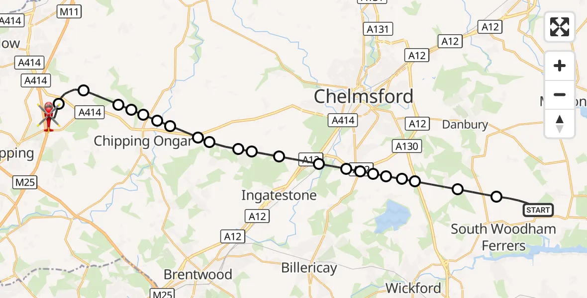 Flight route Air Ambulance Helicopter Maldon - North Weald Airfield, 12 September 2026, 17:57