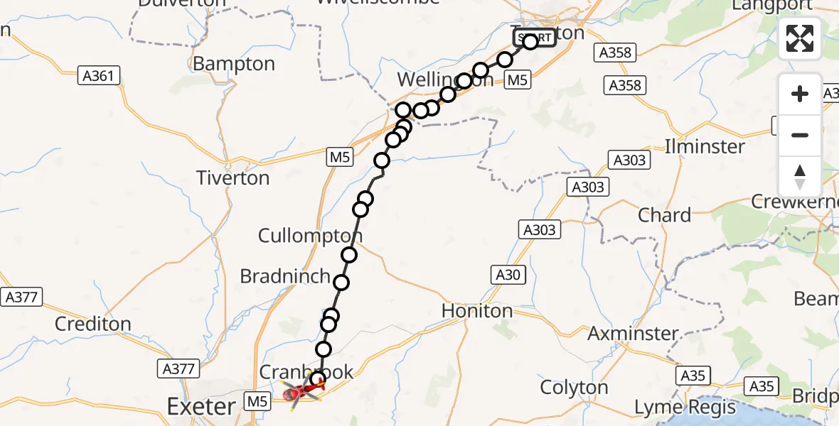 Flight route Air Ambulance Helicopter Musgrove Hospital - Rockbeare, 12 September 2026, 17:58