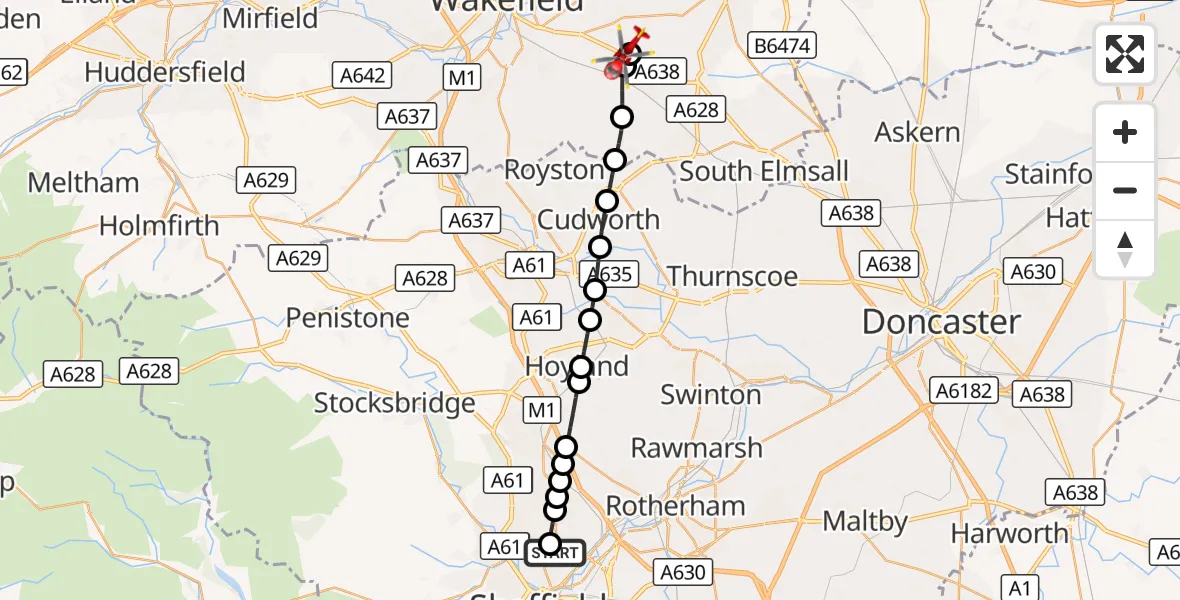 Flight route Air Ambulance Helicopter Sheffield Northern Hospital - YAA Nostell Helicopter Port, 12 September 2026, 18:10