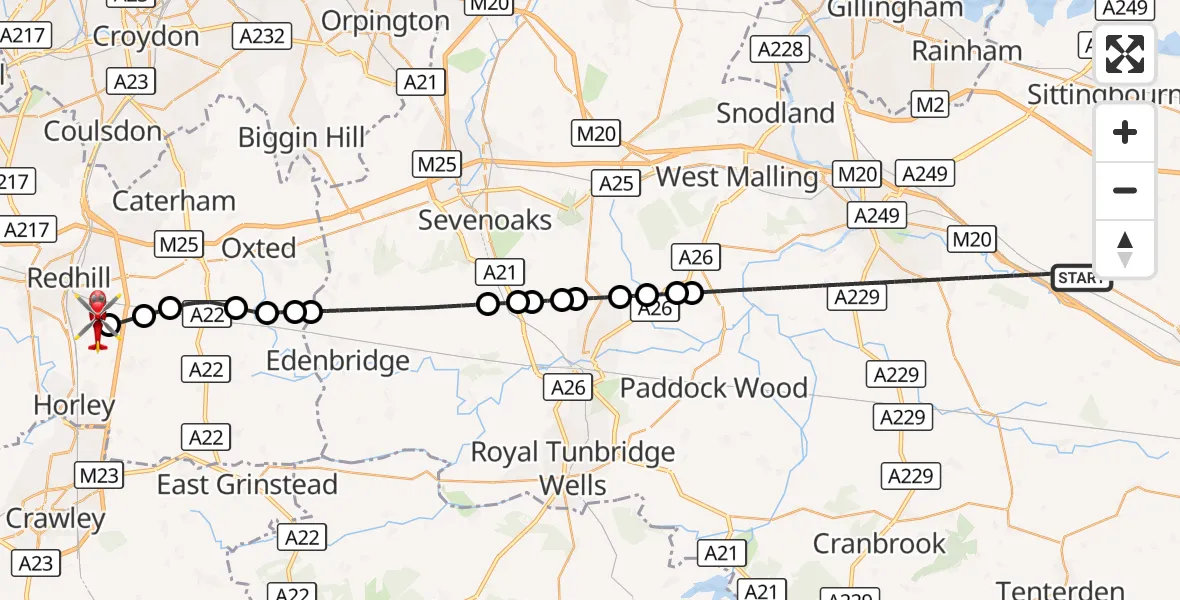 Flight route Air Ambulance Helicopter Maidstone - Redhill Aerodrome, 12 September 2026, 18:17