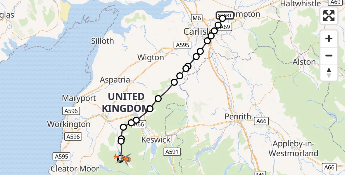 Flight route Coastguard Helicopter Carlisle Lake District Airport - Buttermere, 12 September 2026, 18:20