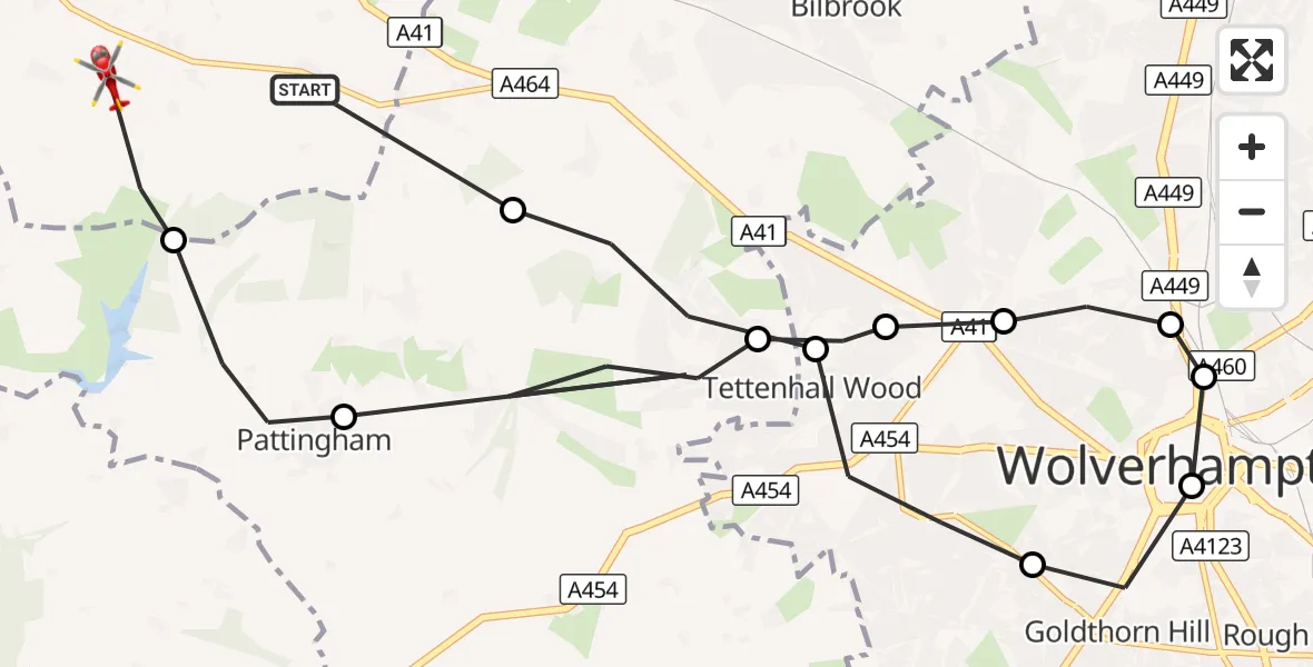 Flight route Air Ambulance Helicopter Albrighton - Wildicote, 12 September 2026, 18:30