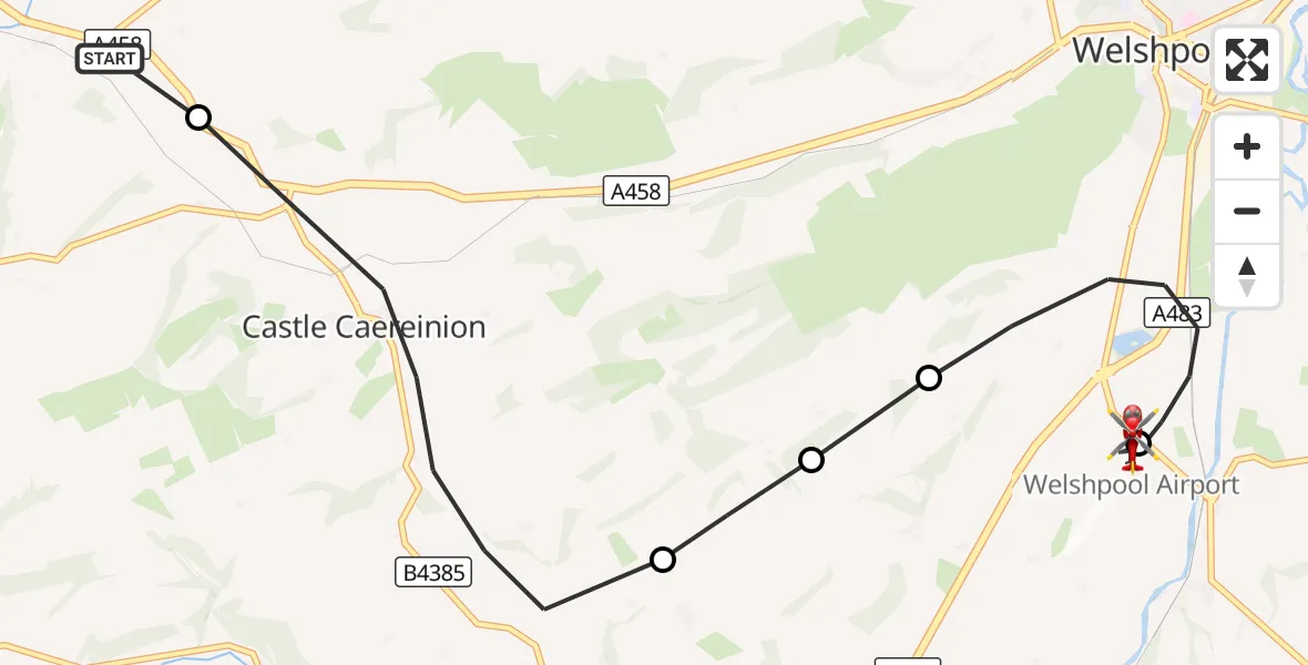 Flight route Air Ambulance Helicopter Welshpool - Welshpool Airport, 12 September 2026, 18:51