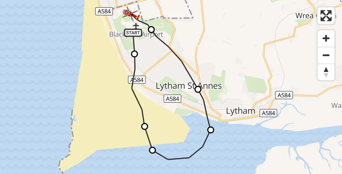 Flight route Air Ambulance Helicopter Blackpool Airport - Blackpool Airport, 12 September 2026, 18:55