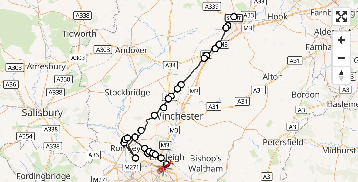 Flight route Air Ambulance Helicopter North Hampshire Hospital - Southampton Airport, 12 September 2026, 18:57