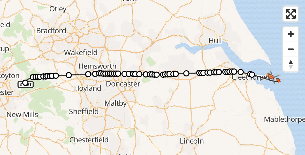 Flight route Coastguard Helicopter Oldham - North Sea, 12 September 2026, 19:05
