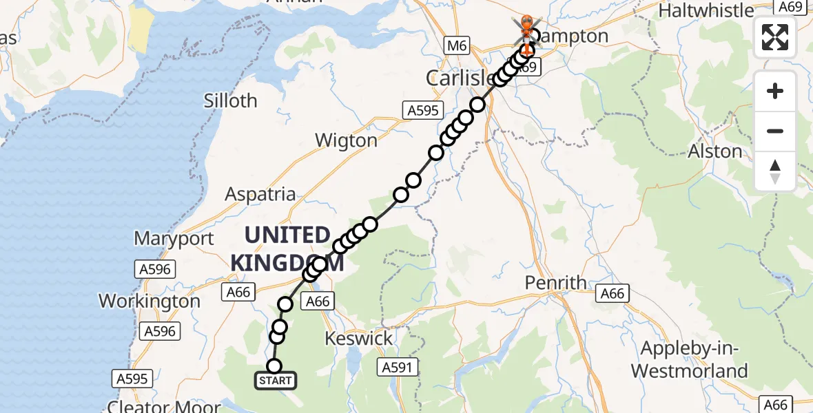 Flight route Coastguard Helicopter Crummock Water - Carlisle Lake District Airport, 12 September 2026, 19:09