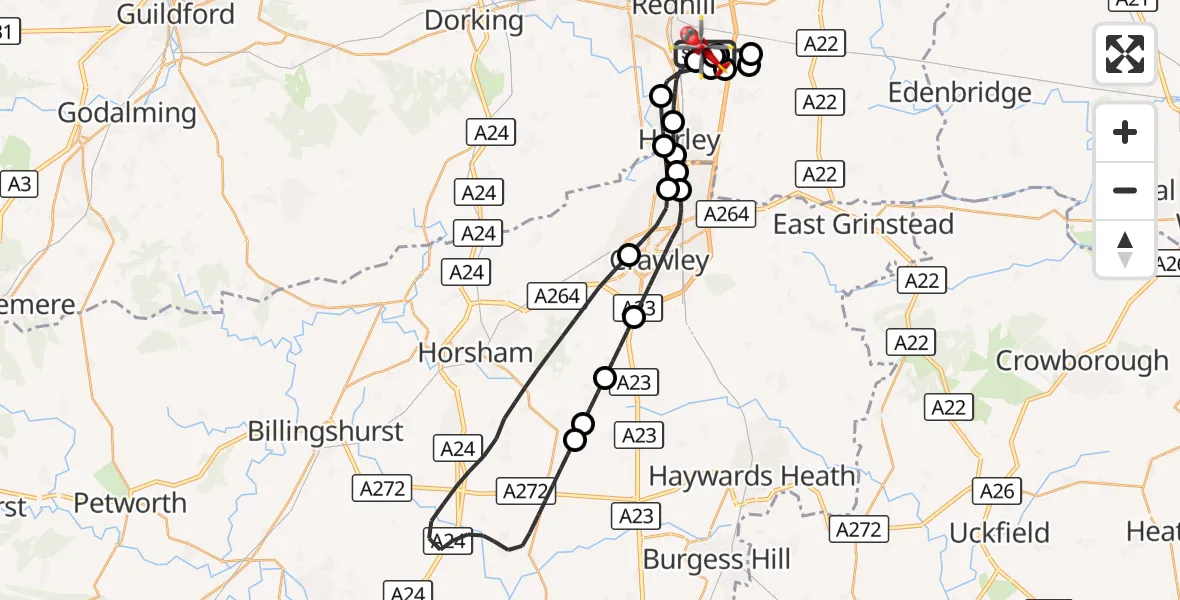 Flight route Air Ambulance Helicopter Redhill Aerodrome - Redhill Aerodrome, 12 September 2026, 19:38