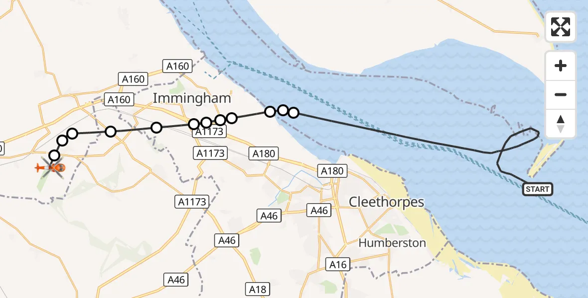 Flight route Coastguard Helicopter North Sea - Humberside Airport, 12 September 2026, 19:48