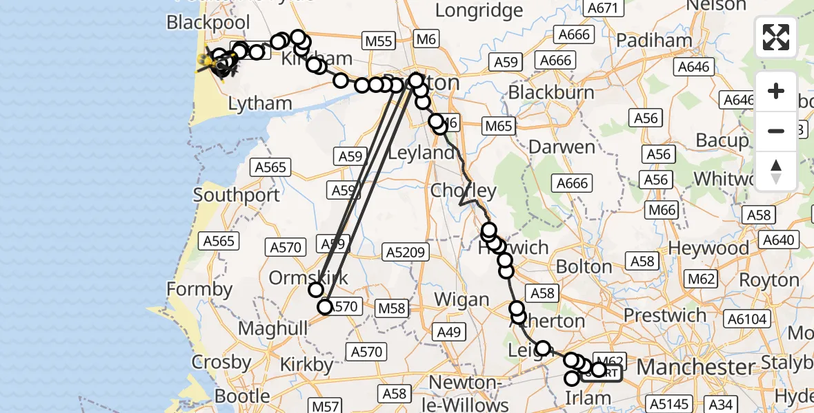 Flight route Police Helicopter Manchester Barton Aerodrome - Blackpool Airport, 12 September 2026, 19:55