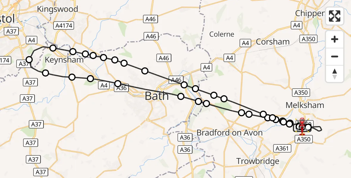 Flight route Air Ambulance Helicopter Wiltshire Air Ambulance - Wiltshire Air Ambulance, 12 September 2026, 20:28