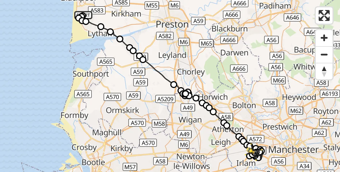 Flight route Police Helicopter Blackpool Airport - Manchester Barton Aerodrome, 12 September 2026, 20:36