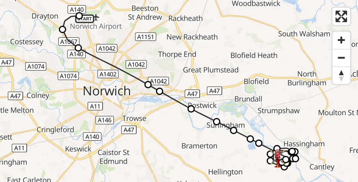 Flight route Air Ambulance Helicopter Norwich Airport - South Norfolk, 12 September 2026, 21:12