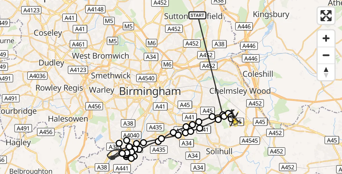 Flight route Police Helicopter Sutton Coldfield - Solihull, 12 September 2026, 21:12