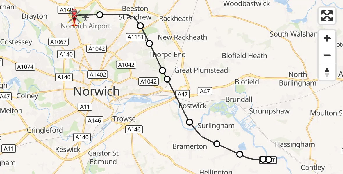 Flight route Air Ambulance Helicopter Norwich - Norwich Airport, 12 September 2026, 21:52