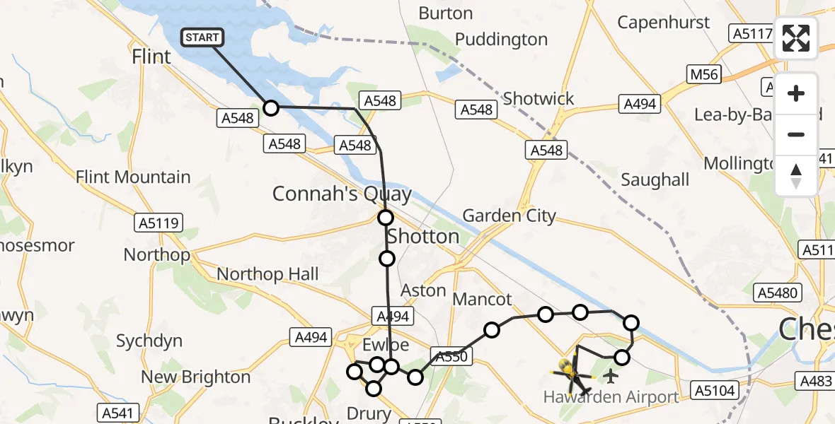 Flight route Police Helicopter Flint - Hawarden Airport, 12 September 2026, 23:37