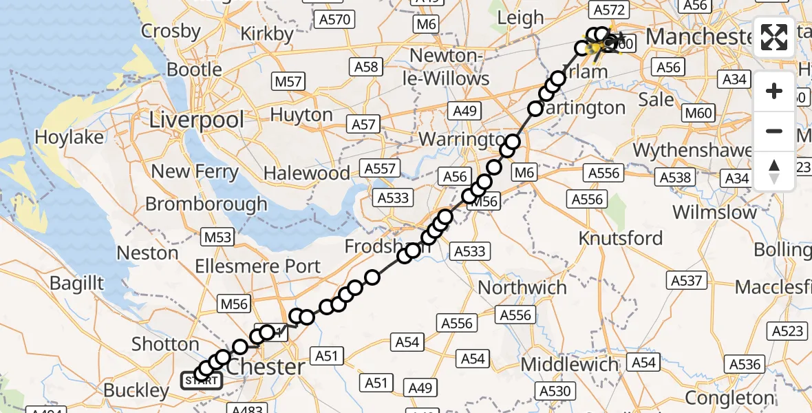 Flight route Police Helicopter Hawarden Airport - Manchester Barton Aerodrome, 13 September 2026, 00:01