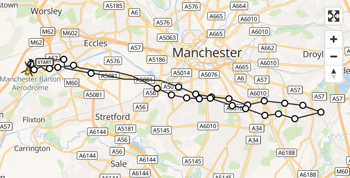 Flight route Police Helicopter Worsley - Manchester Barton Aerodrome, 13 September 2026, 02:16