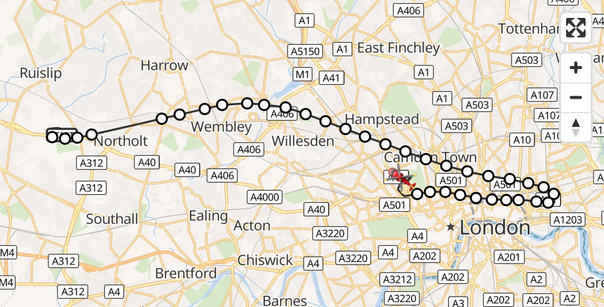 Flight route Air Ambulance Helicopter RAF Northolt - City of Westminster, 13 September 2026, 07:59