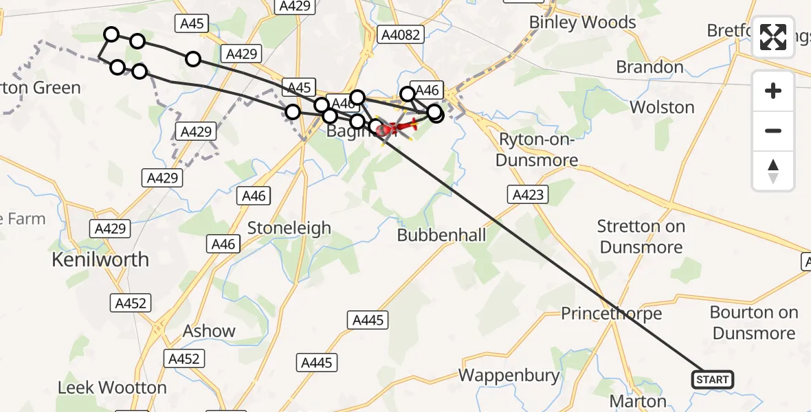 Flight route Air Ambulance Helicopter Rugby - Coventry Airport, 13 September 2026, 08:12