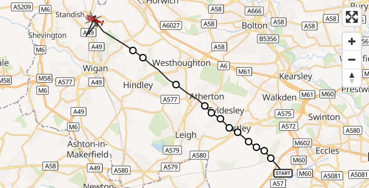 Flight route Air Ambulance Helicopter Manchester Barton Aerodrome - Wigan, 13 September 2026, 08:25