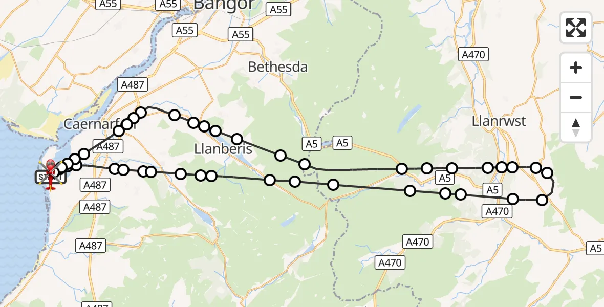 Flight route Air Ambulance Helicopter Caernarfon Airport - Caernarfon Airport, 13 September 2026, 08:46