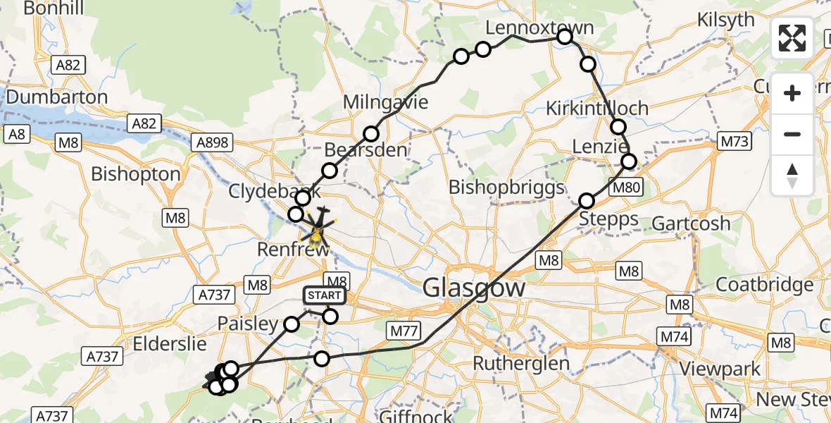 Flight route Police Helicopter Renfrew - Glasgow, 13 September 2026, 09:15