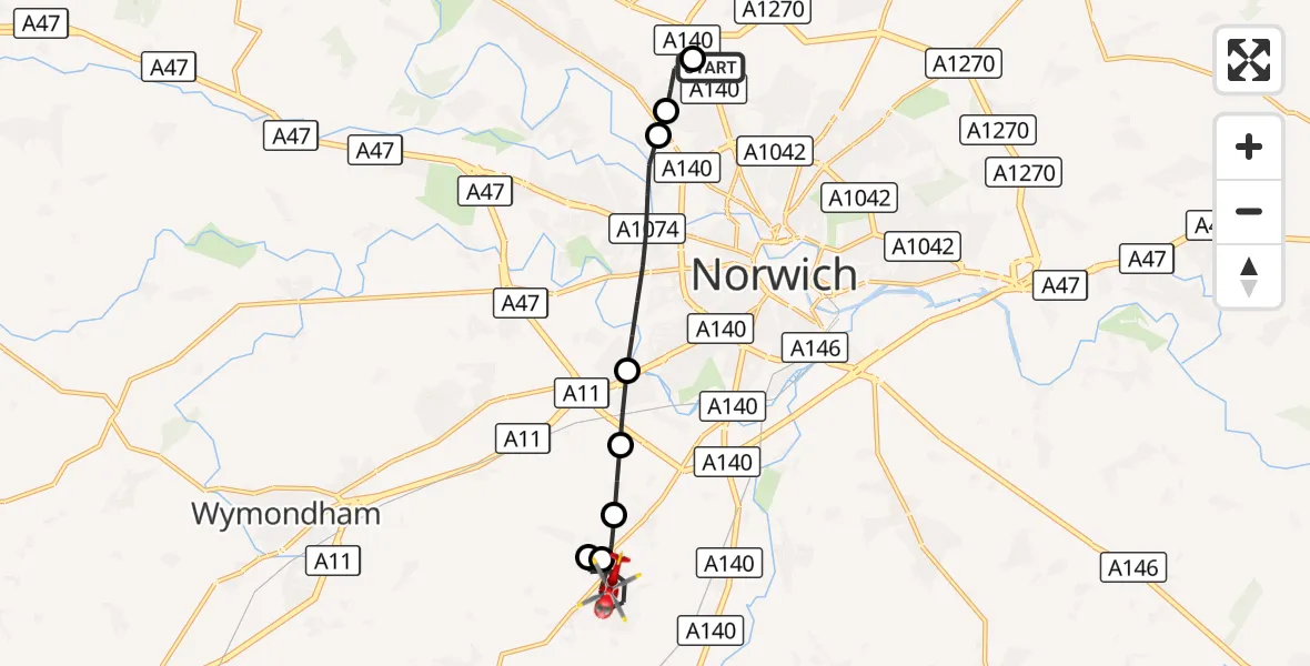 Flight route Air Ambulance Helicopter Norwich Airport - Mulbarton, 13 September 2026, 09:16