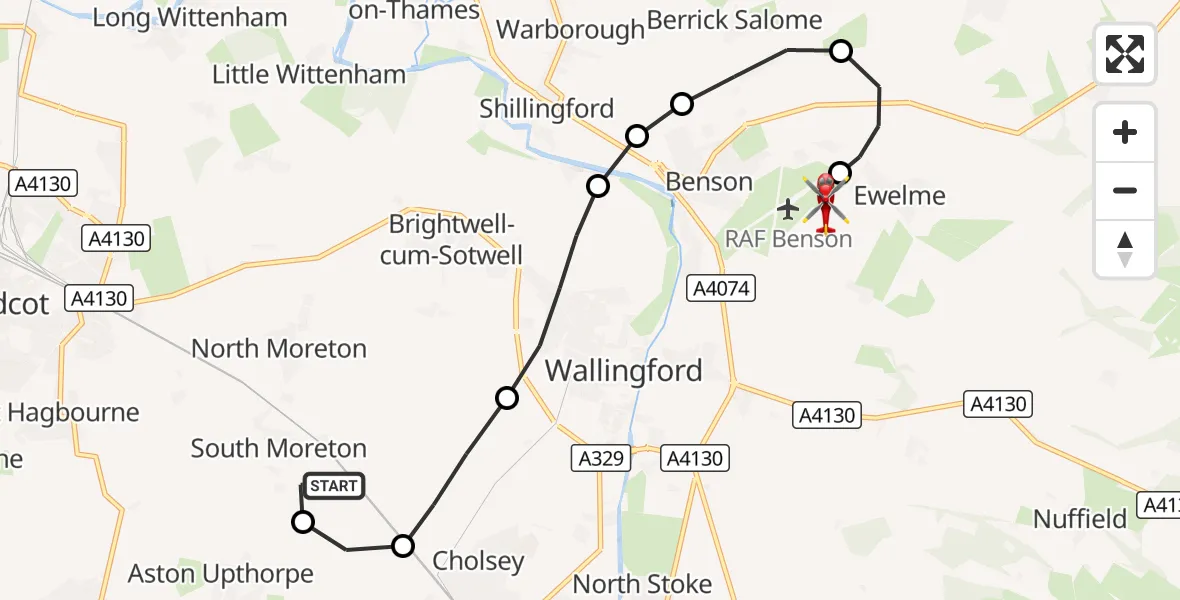 Flight route Air Ambulance Helicopter South Moreton - RAF Benson, 13 September 2026, 09:24