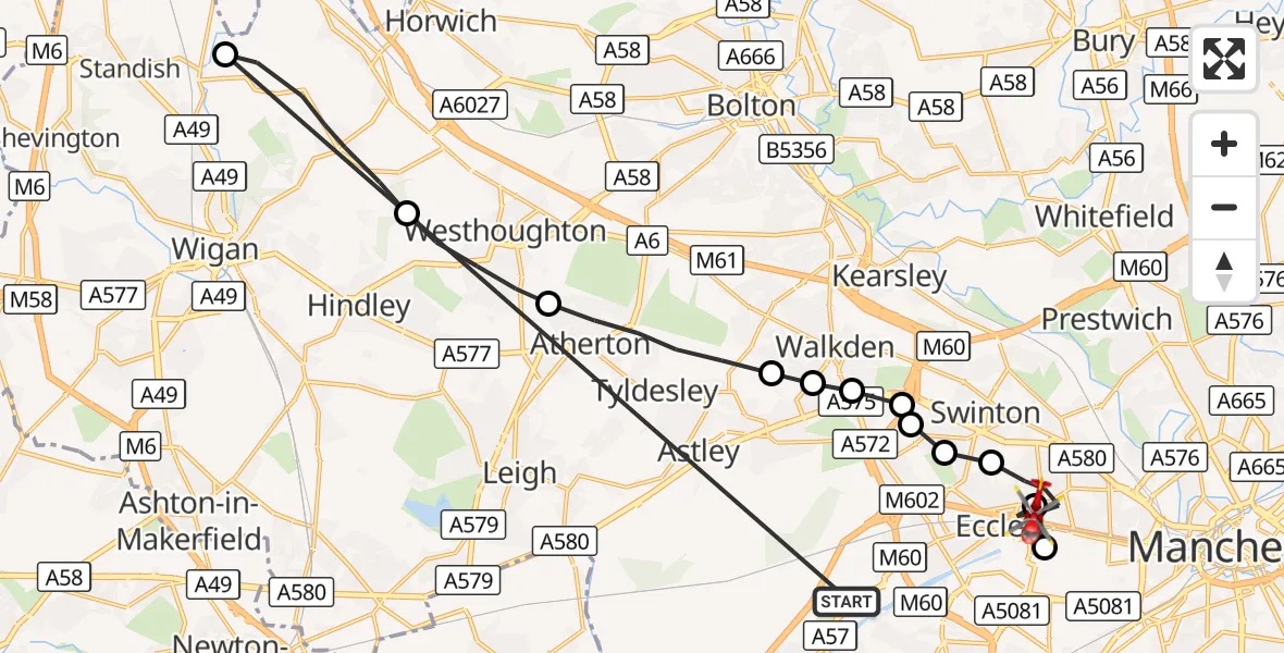 Flight route Air Ambulance Helicopter Manchester Barton Aerodrome - Eccles, 13 September 2026, 09:32