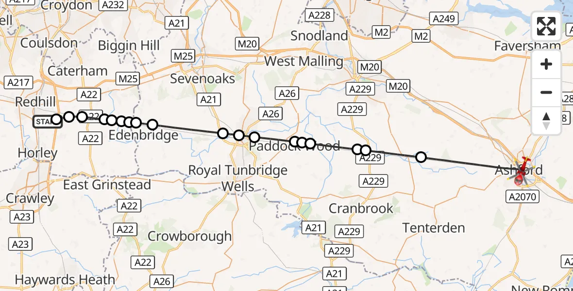 Flight route Air Ambulance Helicopter Redhill Aerodrome - Ashford, 13 September 2026, 09:45