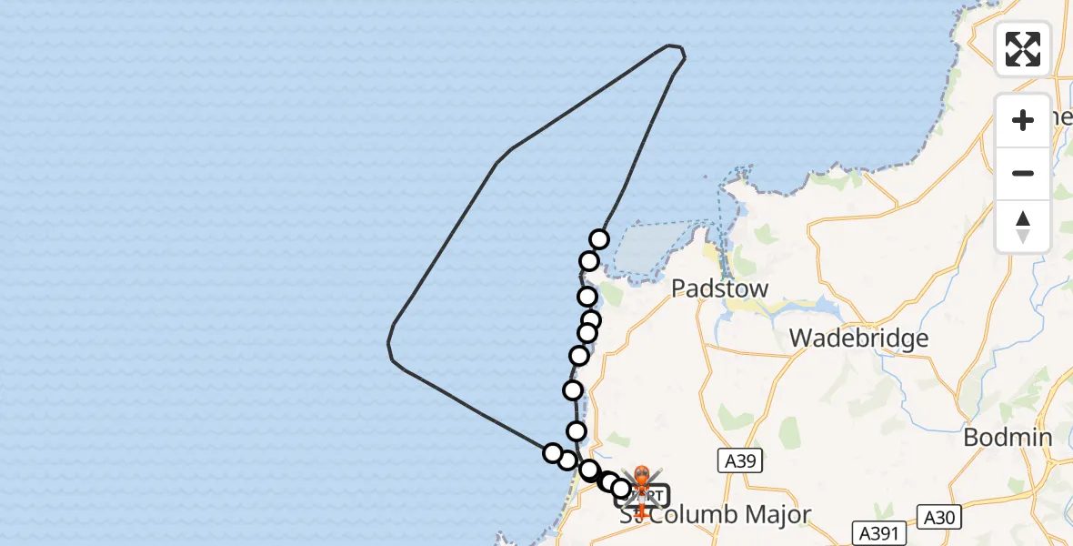 Flight route Coastguard Helicopter Cornwall Airport Newquay - Cornwall Airport Newquay, 13 September 2026, 09:46