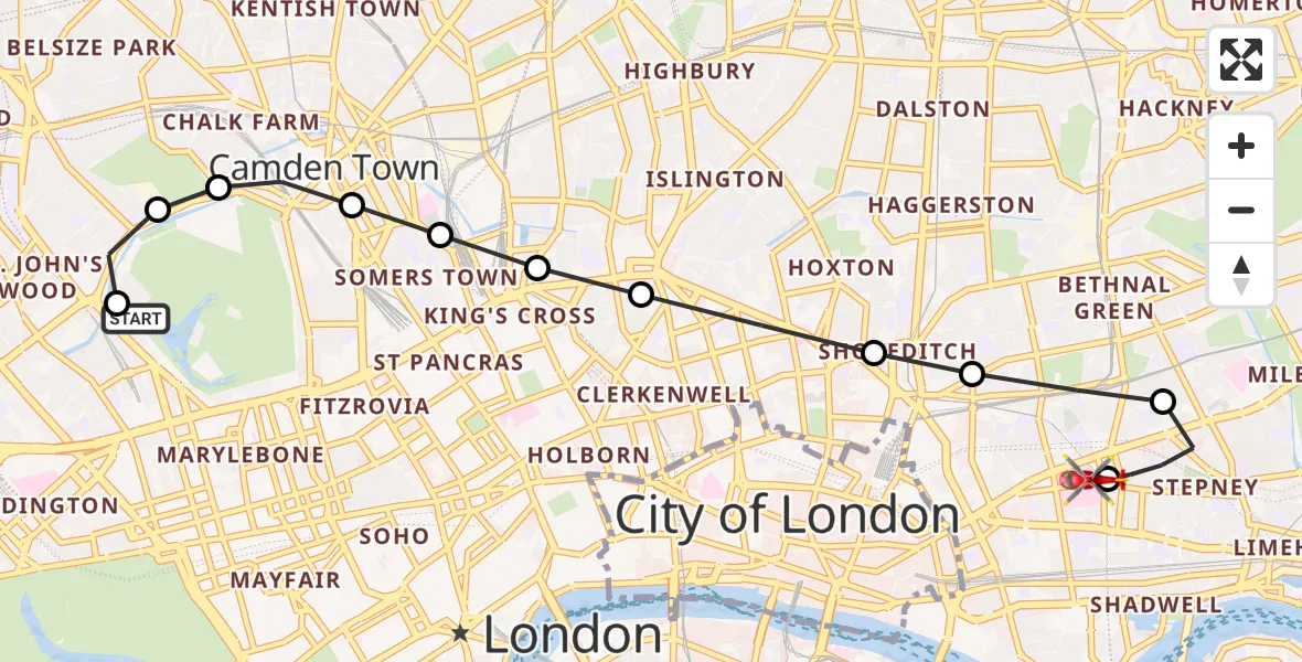 Flight route Air Ambulance Helicopter City of Westminster - Royal London Hospital, 13 September 2026, 09:50