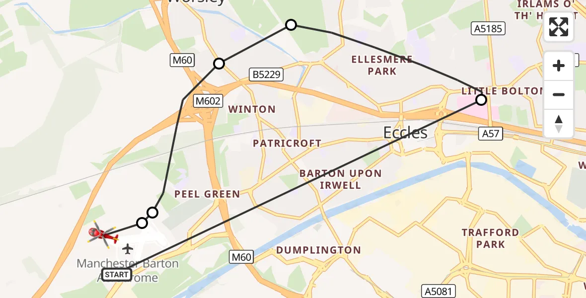 Flight route Air Ambulance Helicopter Manchester Barton Aerodrome - Irlam, 13 September 2026, 10:00