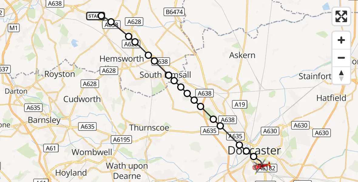 Flight route Air Ambulance Helicopter YAA Nostell Helicopter Port - Hyde Park, 13 September 2026, 10:03