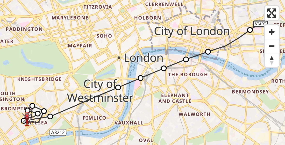 Flight route Air Ambulance Helicopter Royal London Hospital - Chelsea, 13 September 2026, 10:04