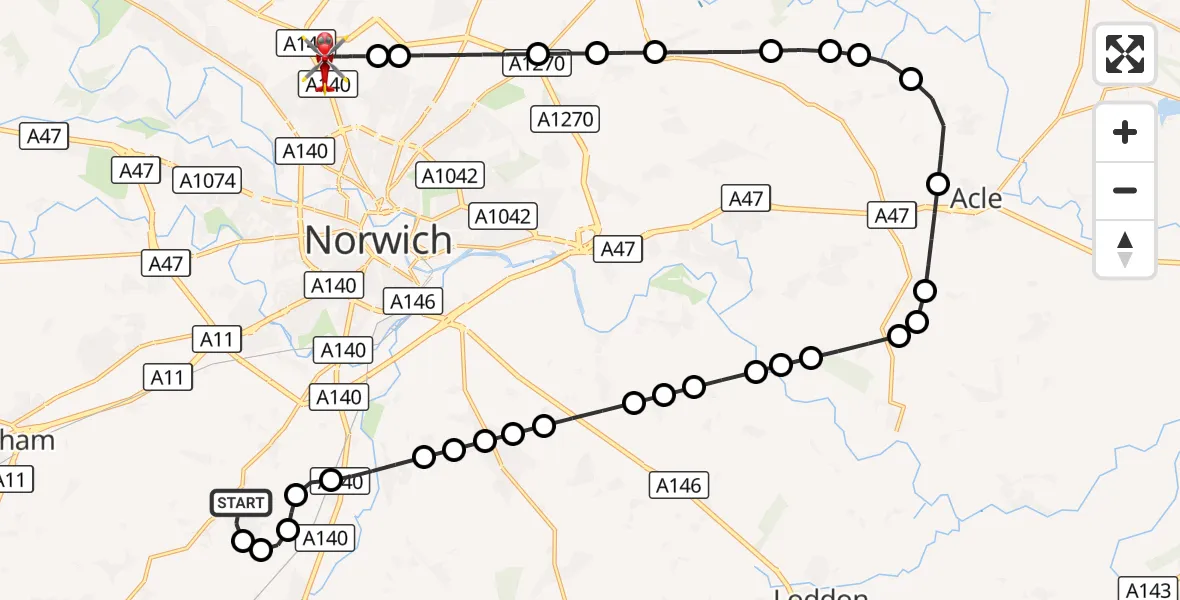 Flight route Air Ambulance Helicopter Mulbarton - Norwich Airport, 13 September 2026, 10:24