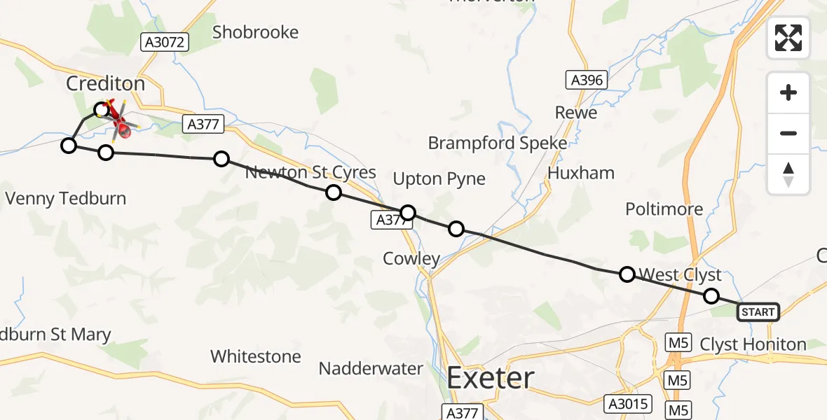 Flight route Air Ambulance Helicopter Clyst Honiton - Crediton, 13 September 2026, 10:39
