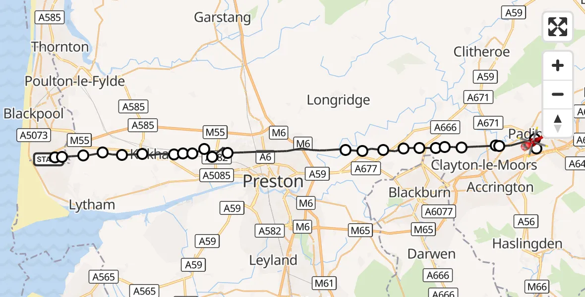 Flight route Air Ambulance Helicopter Blackpool Airport - Padiham, 13 September 2026, 10:50