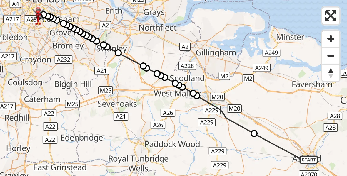 Flight route Air Ambulance Helicopter Ashford - Kings College London Hospital, 13 September 2026, 10:54