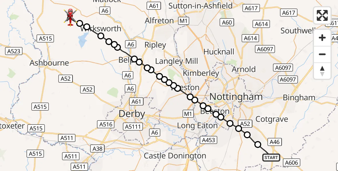 Flight route Air Ambulance Helicopter Widmerpool - Brassington CP, 13 September 2026, 11:01