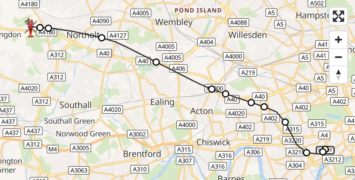 Flight route Air Ambulance Helicopter Chelsea - RAF Northolt, 13 September 2026, 11:03
